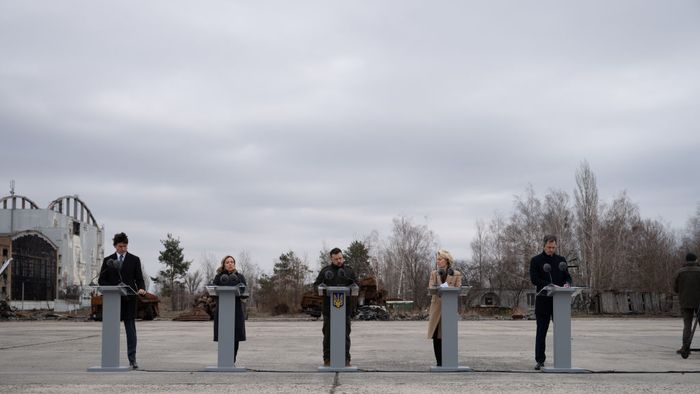 G7 meeting in Kyiv as Ukraine marks second anniversary of warKYIV, UKRAINE - FEBRUARY 24: (----EDITORIAL USE ONLY  MANDATORY CREDIT - 'ITALIAN PRIME MINISTRY / PALAZZO CHIGI / HANDOUT' - NO MARKETING NO ADVERTISING CAMPAIGNS - DISTRIBUTED AS A SERVICE TO CLIENTS----) Italian Prime Minister Giorgia Meloni (2nd L), Belgian Prime Minister Alexander De Croo (R), Canadian Prime Minister Justin Trudeau (L), President of the European Comission Ursula von der Leyen (2nd R) and Ukrainian President Volodymyr Zelenskyy (C) attend the G7 Heads of State and Government meeting as the war between Russia and Ukraine marks its second anniversary in Kyiv, Ukraine on February 24, 2024. (Photo by ITA Prime Ministry / Palazzo Chigi / Handout/Anadolu via Getty Images)