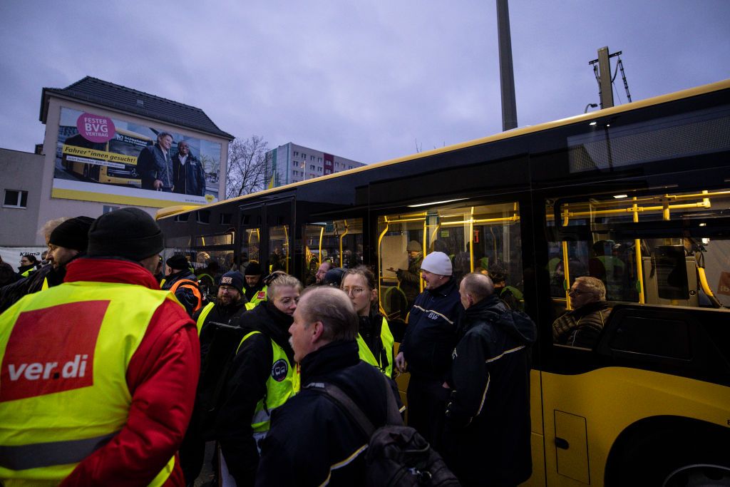 One-Day Public Transport Strike Across Most Of GermanyBERLIN, GERMANY - FEBRUARY 02: Striking tram and bus drivers stand at parked bus at a depot of the BVG Berlin transport authority during a one-day strike on February 02, 2024 in Berlin, Germany. Public transport workers are striking today across most of Germany over demands for better working conditions and more pay, bringing bus, tram and subway service in most cities today to a halt. (Photo by Maja Hitij/Getty Images)