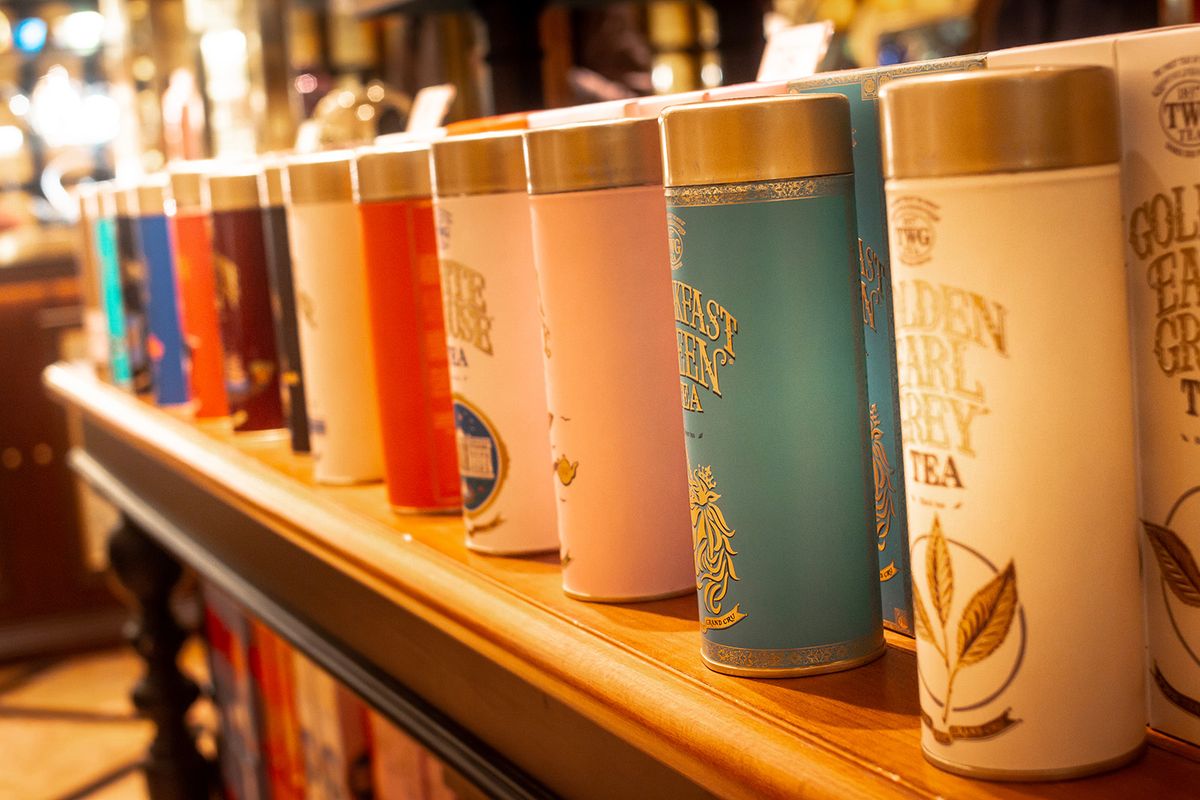 London / United Kingdom - 11.21.2018: Tins of tea at the TWG tea shop in Leicester Square