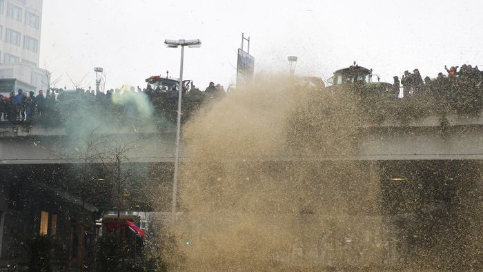 Hay pictured during a protest action of farmers' organizations 'Federation Unie de Groupements d'Eleveurs et d'Agriculteurs' (FUGEA), Boerenforum and MAP, organized in response to the European Agriculture Council, in Brussels, Monday 26 February 2024. Farmers continue their protest across Europe as they demand better conditions to grow, produce and maintain a proper income.BELGA PHOTO BENOIT DOPPAGNE (Photo by BENOIT DOPPAGNE / BELGA MAG / Belga via AFP)