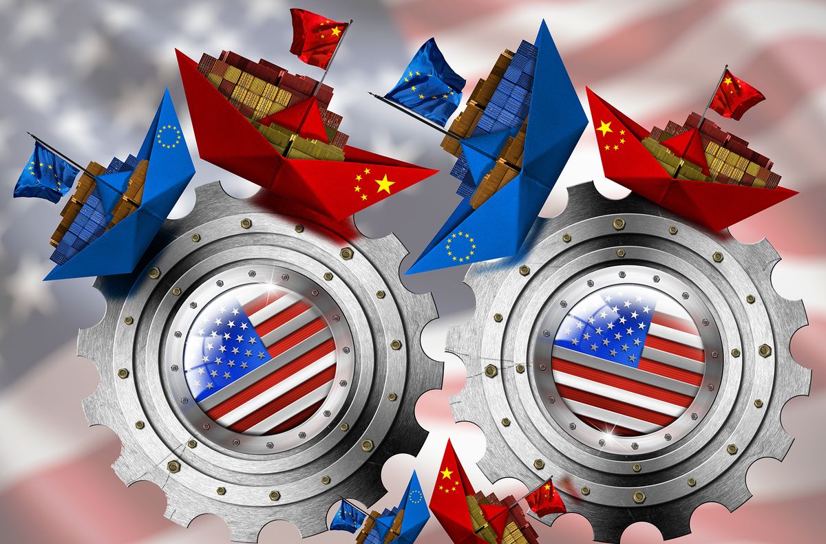 USA China and Europe Union trade war Concept - Cargo ships and cogs, amerikai gazdaság, 
