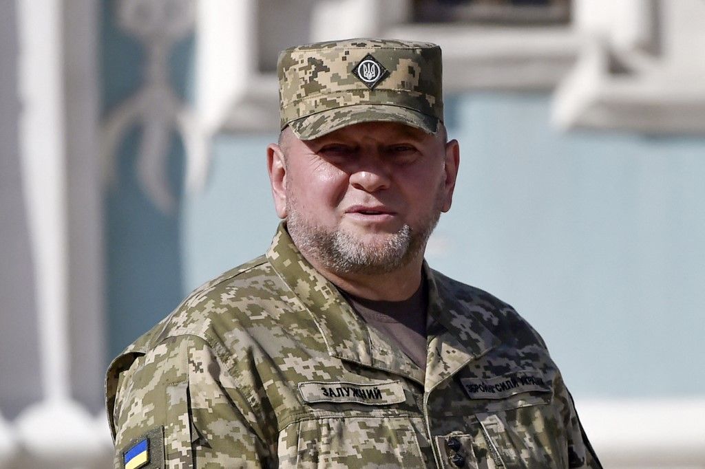 Commander-in-Chief of the Armed Forces of Ukraine Valerii Zaluzhnyi takes part in a ceremony marking Ukraine's Independence Day, in Kyiv on August 24, 2023, amid the Russian invasion of Ukraine. (Photo by SERGEI CHUZAVKOV / AFP)