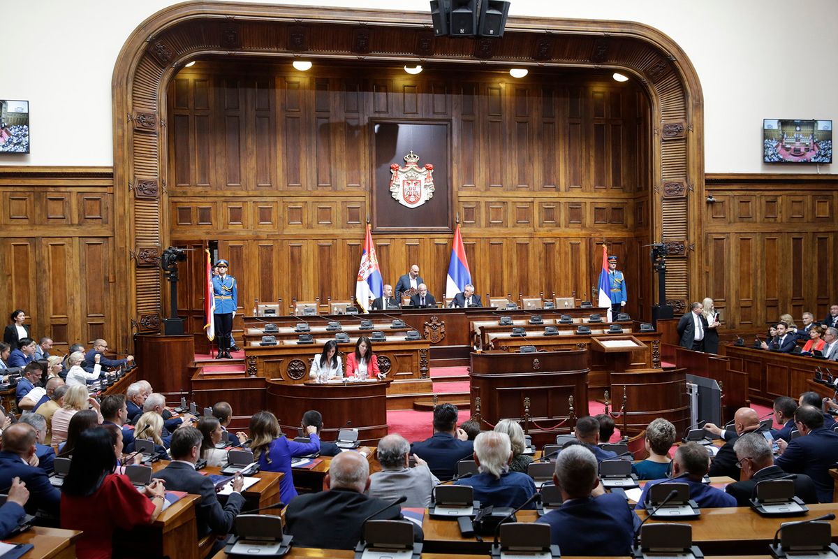 Belgrád, 2022. augusztus 1.Alakuló ülését tartja a szerb parlament Belgrádban 2022. augusztus 1-jén, szűk négy hónappal az előrehozott parlamenti választások után.MTI/EPA/Andrej Cukic