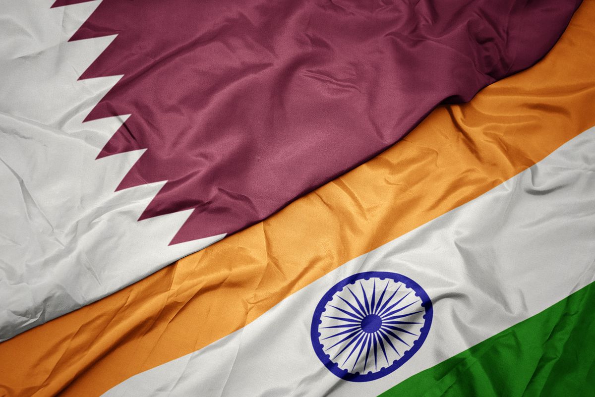 Waving,Colorful,Flag,Of,India,And,National,Flag,Of,Qatar.
waving colorful flag of india and national flag of qatar. macro