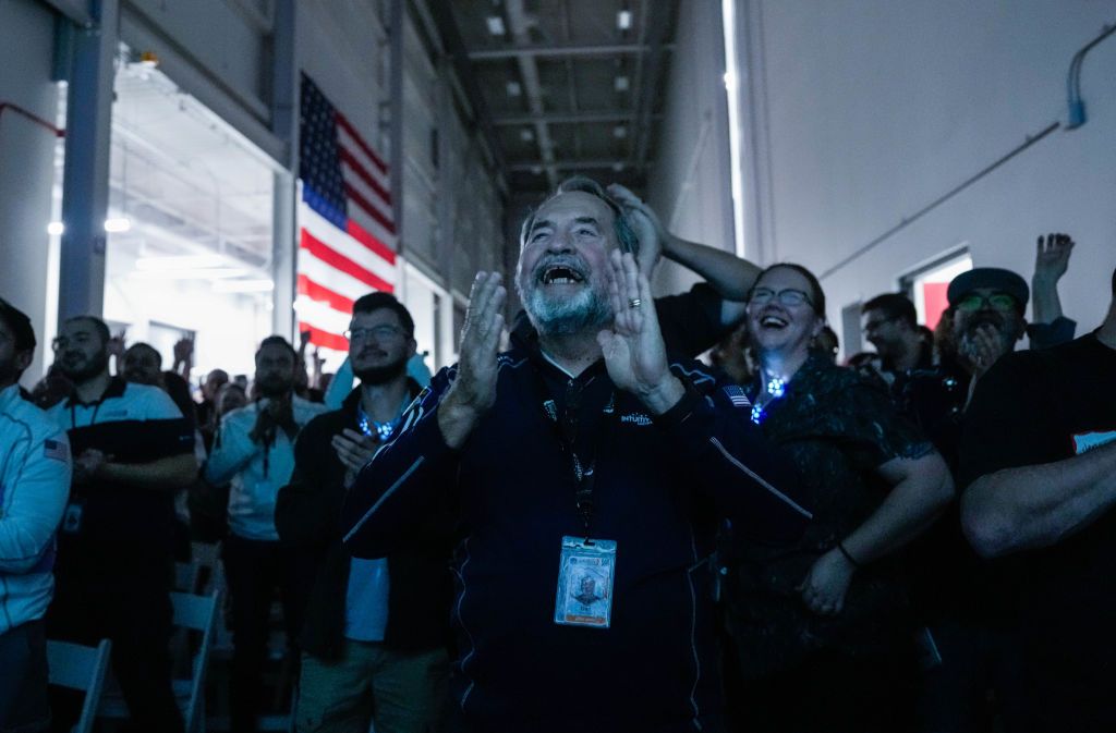 Moon LandingHOUSTON, TEXAS - FEBRUARY 22: Main Engine Control Computer designer for Intuitive Machines Dan Harrison cheers amongst fellow employees during a watch party moments after they became the first commercial company to softly land on the moon on Thursday, Feb. 22, 2024, in Houston. (Raquel Natalicchio/Houston Chronicle via Getty Images)