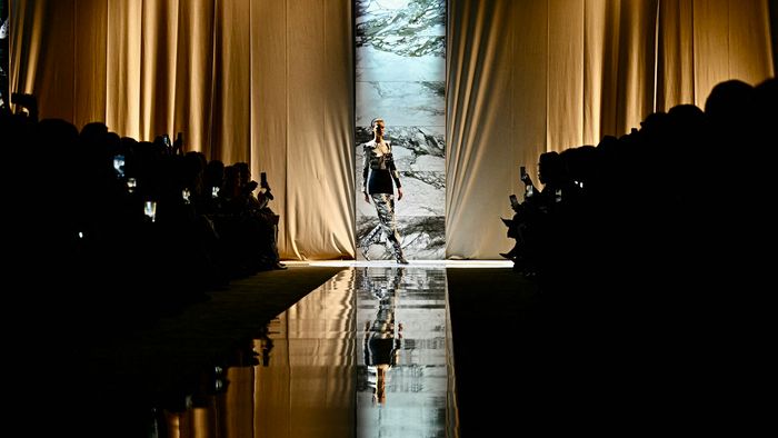 A model walks the runway during the Roberto Cavalli collection show at the Milan Fashion Week Womenswear Autumn/Winter 2024-2025 on February 21, 2024 in Milan. (Photo by GABRIEL BOUYS / AFP)
