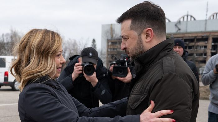 In this handout photograph taken and released by the Palazzo Chigi Press Office on February 24, 2024, Ukraine's President Volodymyr Zelensky (R) greets Italy's Prime Minister Giorgia Meloni (L) in Hostomel, Kyiv region, during a visit on the second anniversary of the Russian invasion of Ukraine. (Photo by Handout / Palazzo Chigi press office / AFP) / RESTRICTED TO EDITORIAL USE - MANDATORY CREDIT "AFP PHOTO / PALAZZO CHIGI PRESS OFFICE" - NO MARKETING NO ADVERTISING CAMPAIGNS - DISTRIBUTED AS A SERVICE TO CLIENTS