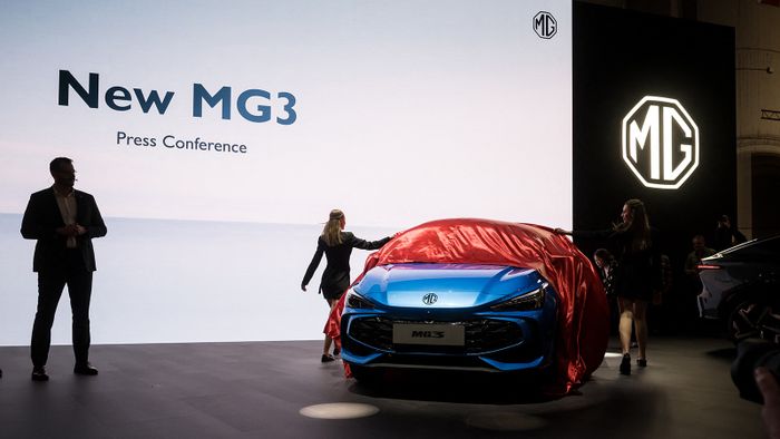 MG The new MG3 electric model car is presented at the booth of MG Motor company owned by Chinese state-owned carmaker SAIC on February 26, 2024 during a press day ahead of the Geneva International Motor Show in Geneva. (Photo by Fabrice COFFRINI / AFP)
