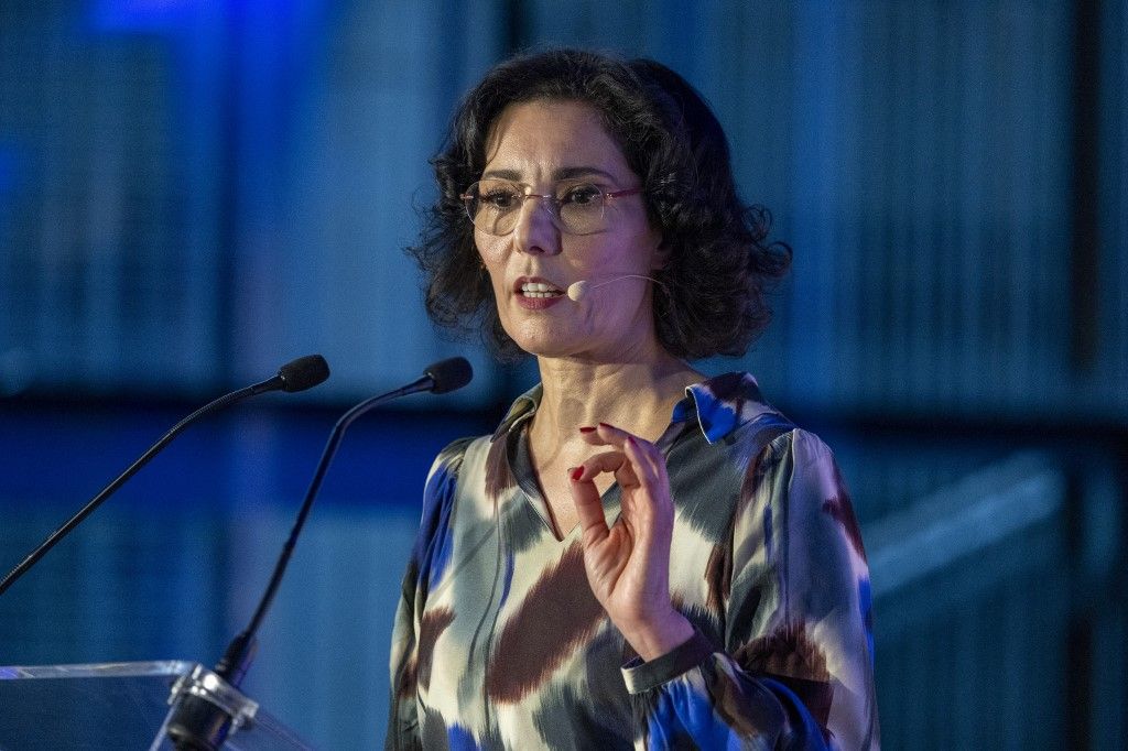 Foreign minister Hadja Lahbib delivers a speech at the national New Year congress of French-speaking liberal party MR (Mouvement Reformateur), Sunday 07 January 2024, in Louvain-la-Neuve. BELGA PHOTO NICOLAS MAETERLINCK (Photo by NICOLAS MAETERLINCK / BELGA MAG / Belga via AFP)