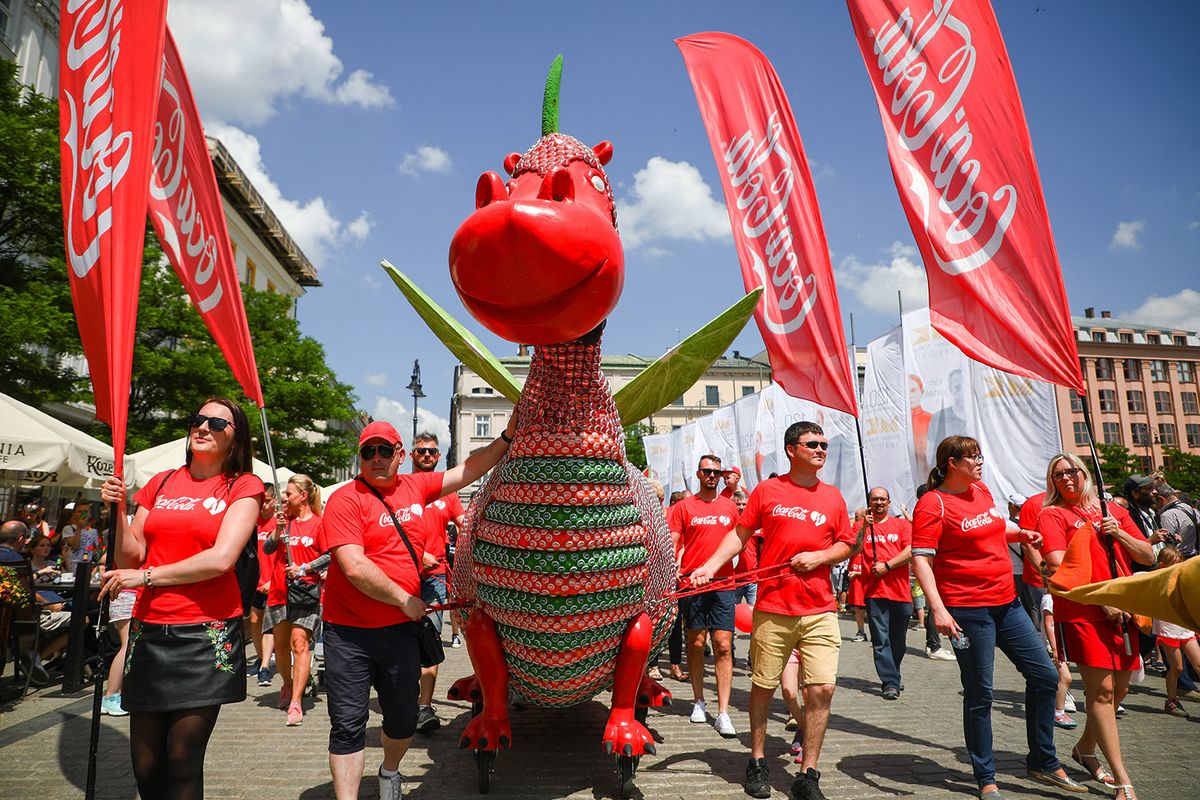 19th Great Dragon Parade marches throught the Main Square in Krakow, Poland on 2 June, 2019. The annual Great Dragon Parade features more than a thousand participants, mostly children, that participate in the colourful event full of various dragon creatures. (Photo by Beata Zawrzel/NurPhoto) (Photo by Beata Zawrzel / NurPhoto / NurPhoto via AFP)