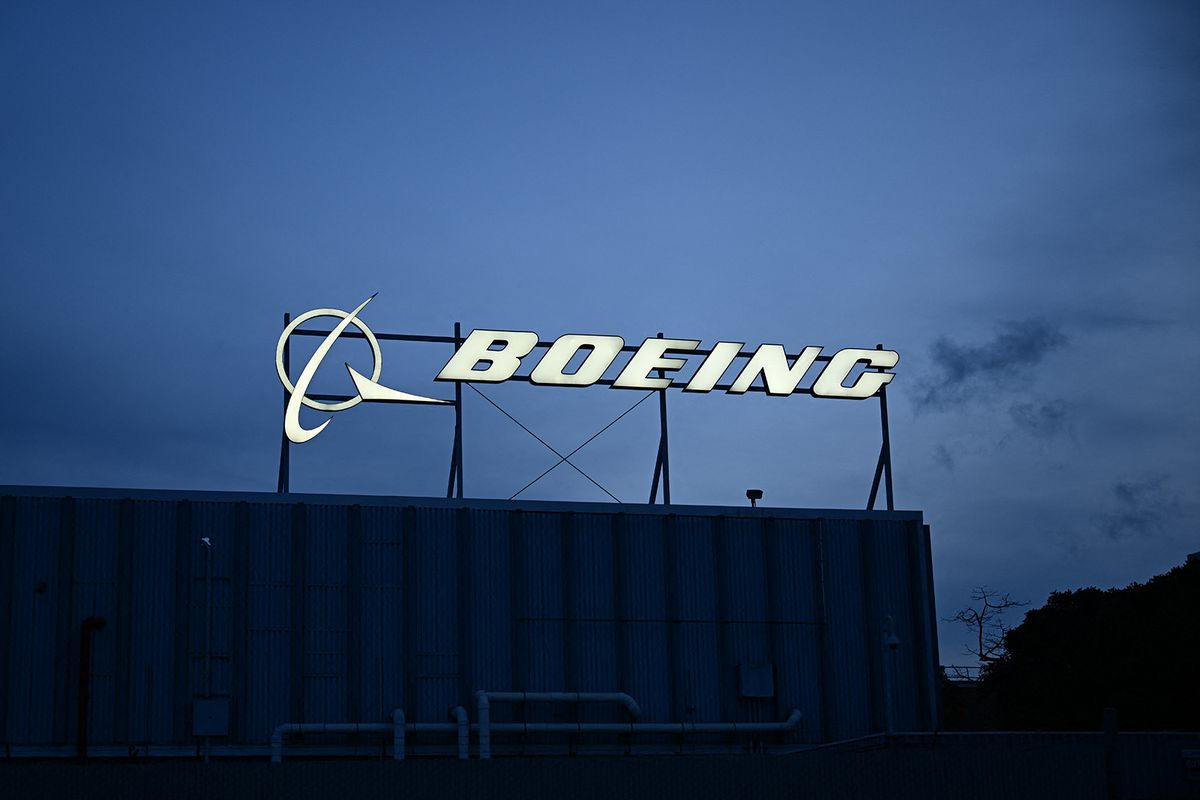 The Boeing Co. logo is displayed outside of company offices near Los Angeles International Airport (LAX) in El Segundo, California on January 18, 2024. (Photo by Patrick T. Fallon / AFP)