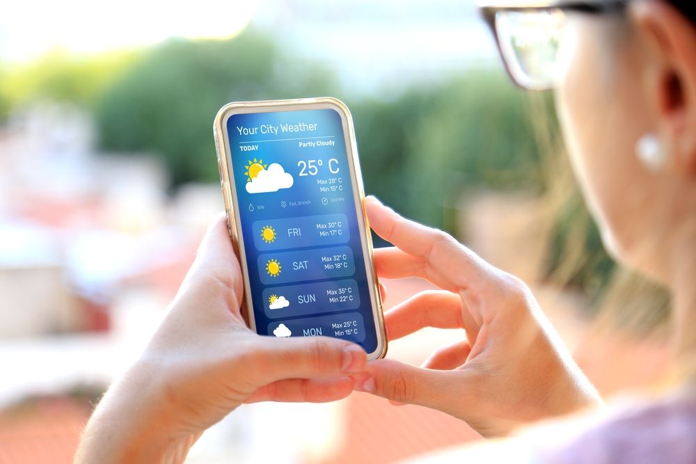 Woman,Outdoors,Checking,Weather,Forecast,On,Her,Smartphone.