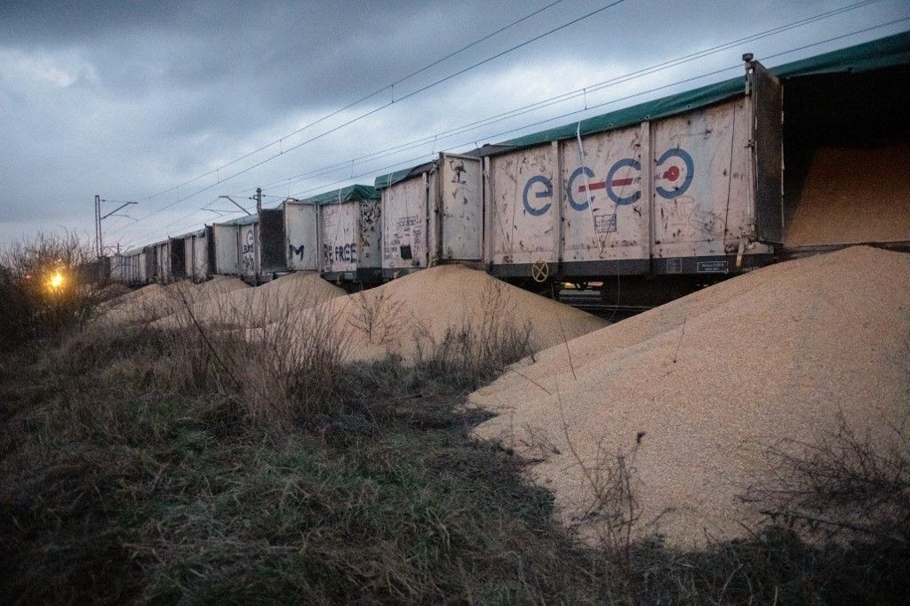 Ukrainian grains spilled out from the train in Poland near Ukraine borderBYDGOSZCZ, POLAND - FEBRUARY 25: Piles of corn lying on the ground near train cars in the village of Kotomierz, Kuyavian-Pomeranian region, Poland on February 25, 2024. Eight wagons of a freight train containing corn, coming from Ukraine according to Kyiv, were opened and their contents dumped on a railway track in Poland. Stringer / Anadolu (Photo by STRINGER / ANADOLU / Anadolu via AFP)