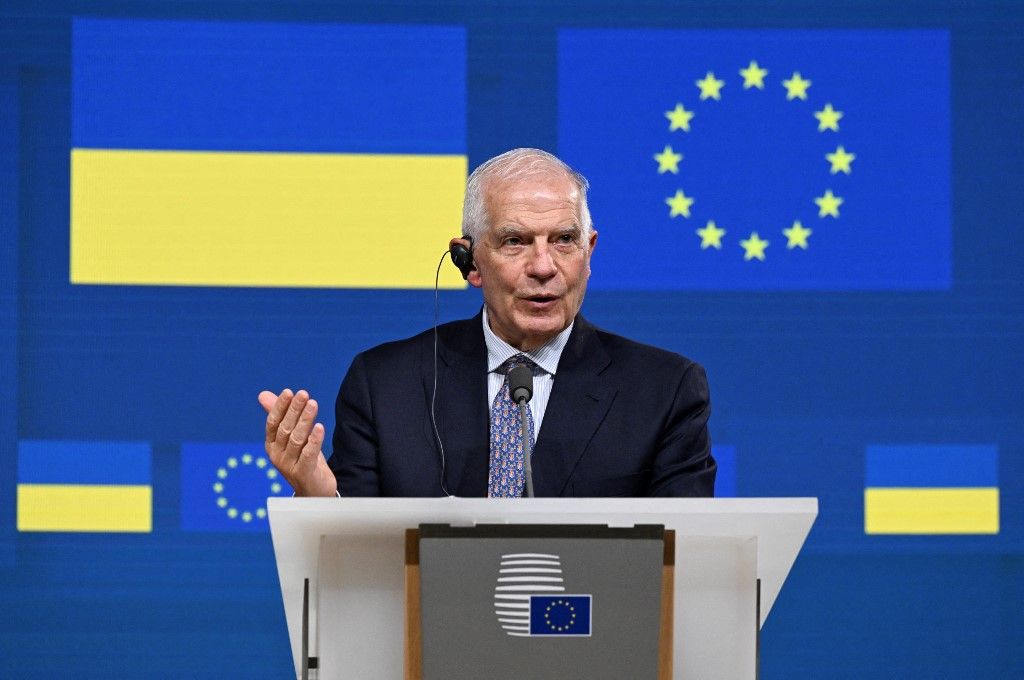 High Representative of the European Union for Foreign Affairs and Security Policy Josep Borrell talks during a press conference with Ukraine's Prime Minister after an EU-Ukraine association council meeting at the EU headquarters in Brussels, on March 20, 2024. (Photo by JOHN THYS / AFP)