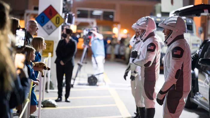 NASA's SpaceX Crew-8 Crew Walkout
CAPE CANAVERAL, FLORIDA - MARCH 03: In this handout photo provided by NASA, Russian cosmonaut and Mission Specialist Alexander Grebenkin, Mission Specialist Jeanette Epps, Commander Matthew Dominick and Pilot Michael Barratt speak with family and friends as they prepare to depart the Neil  A. Armstrong Operations and Checkout Building for Launch Complex 39A to board the SpaceX Dragon spacecraft for the Crew-8 mission launch from NASA's Kennedy Space Center on March 03, 2024 in Cape Canaveral, Florida. (Photo by Aubrey Gemignani/NASA via Getty Images)