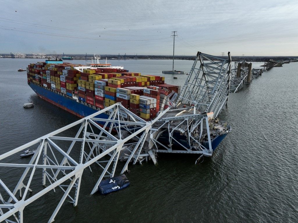 Francis Scott Key Bridge in US collapses after cargo ship collisionBALTIMORE, MARYLAND, UNITED STATES - MARCH 26: An aerial view of the collapsed Francis Scott Key Bridge after a collision with a cargo ship in Baltimore, Maryland, United States on March 26, 2024. According to the Maryland Transportation Authority (MTA), all lanes are closed in both directions, and traffic is being diverted. Lokman Vural Elibol / Anadolu (Photo by Lokman Vural Elibol / ANADOLU / Anadolu via AFP)
