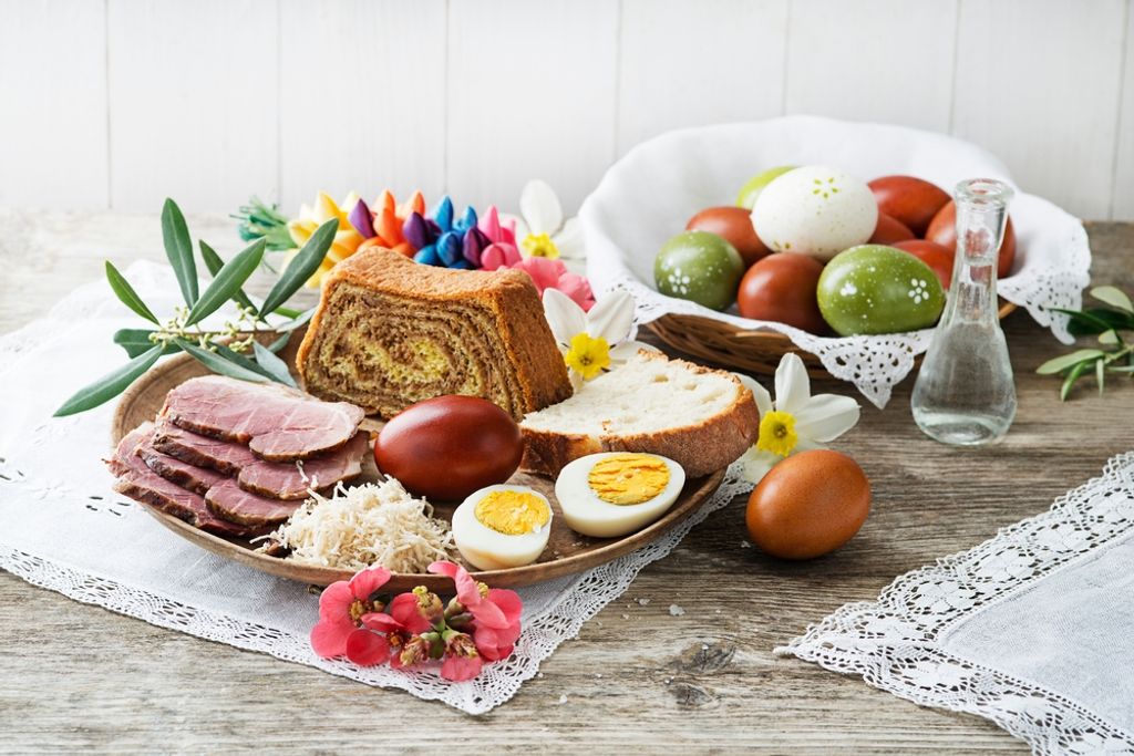 Easter,Traditional,Food,With,Ham,,Eggs,And,Bread.,Holidays,Background.