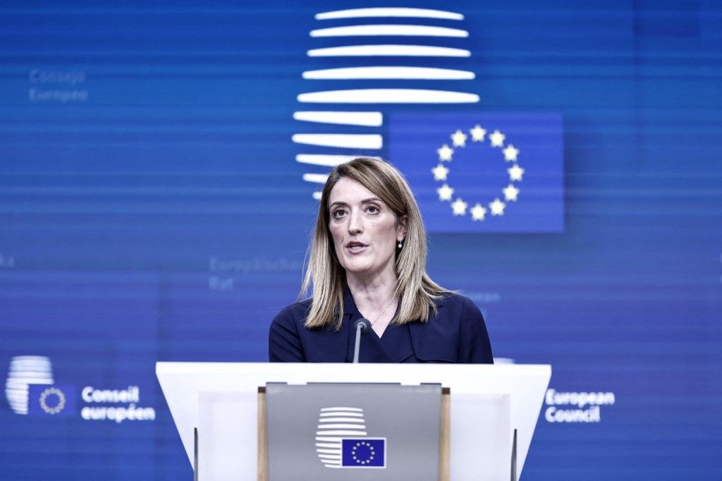 European Parliament President Roberta Metsola delivers a press conference during the European Council summit at the EU headquarters in Brussels on March 21, 2024. (Photo by Sameer Al-Doumy / AFP)