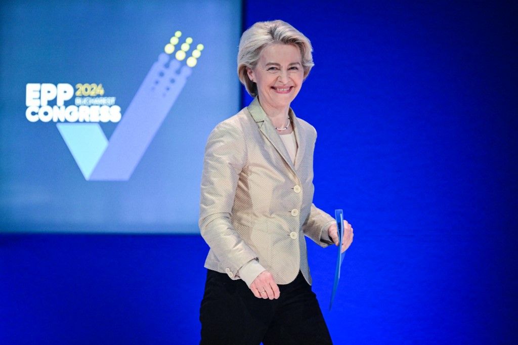 The President of the European Commission Ursula von der Leyen prepares to address the audience during a plenary session at the European People Party (EPP) Congress in Bucharest, Romania, on March 7, 2024. (Photo by Daniel MIHAILESCU / AFP)