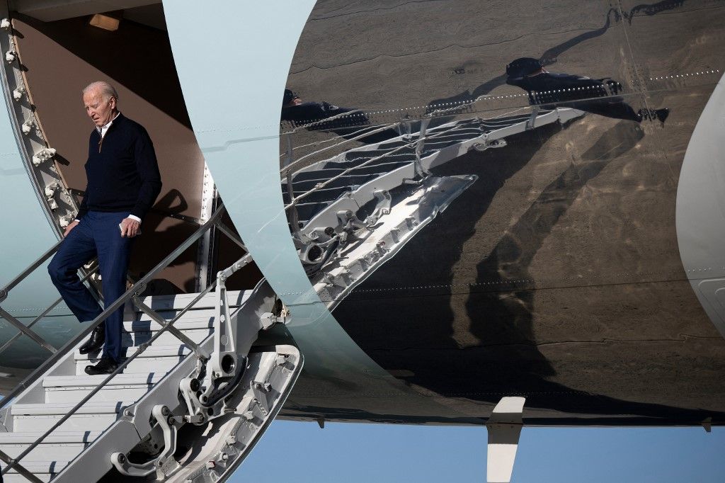US President Joe Biden steps off Air Force One at Joint Base Andrews in Maryland, on March 11, 2024. (Photo by Brendan Smialowski / AFP)
