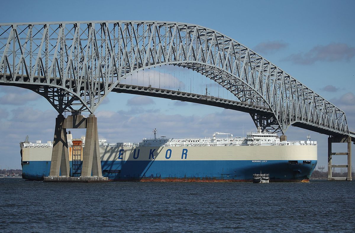 ALTIMORE, MD - MARCH 09: An outbound cargo ship passes under the Francis Scott Key Bridge, March 9, 2018 in Baltimore, Maryland. U.S. President Donald Trump announced that he will impose tariffs of 25 percent on imported steel and 10 percent on imported aluminum with an initial exemption for Mexico and Canada. (Photo by Mark Wilson/Getty Images)