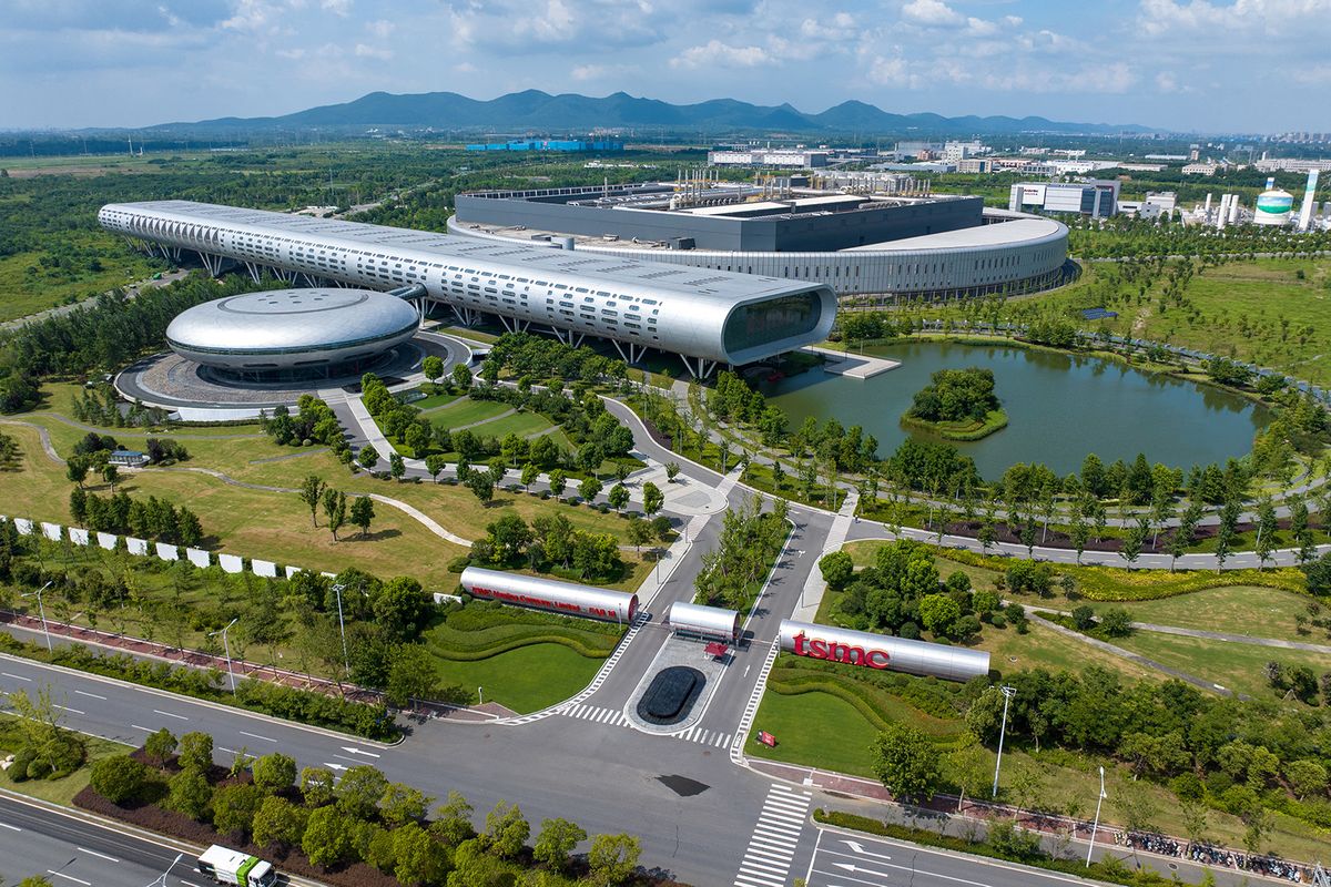 An aerial photo is showing the factory of Taiwan Semiconductor Manufacturing Company (TSMC) in Nanjing, Jiangsu province, China, on August 1, 2023. TSMC announced on March 8, 2024, that its consolidated revenue for February 2024 was about NT $181.65 billion, which represents a 15.8% decrease from the previous month, yet an 11.3% increase year-on-year. The cumulative revenue for January to February 2024 was approximately NT $397.43 billion, marking a 9.4% increase over the same period the previous year. (Photo by Costfoto/NurPhoto) (Photo by CFOTO / NurPhoto / NurPhoto via AFP)