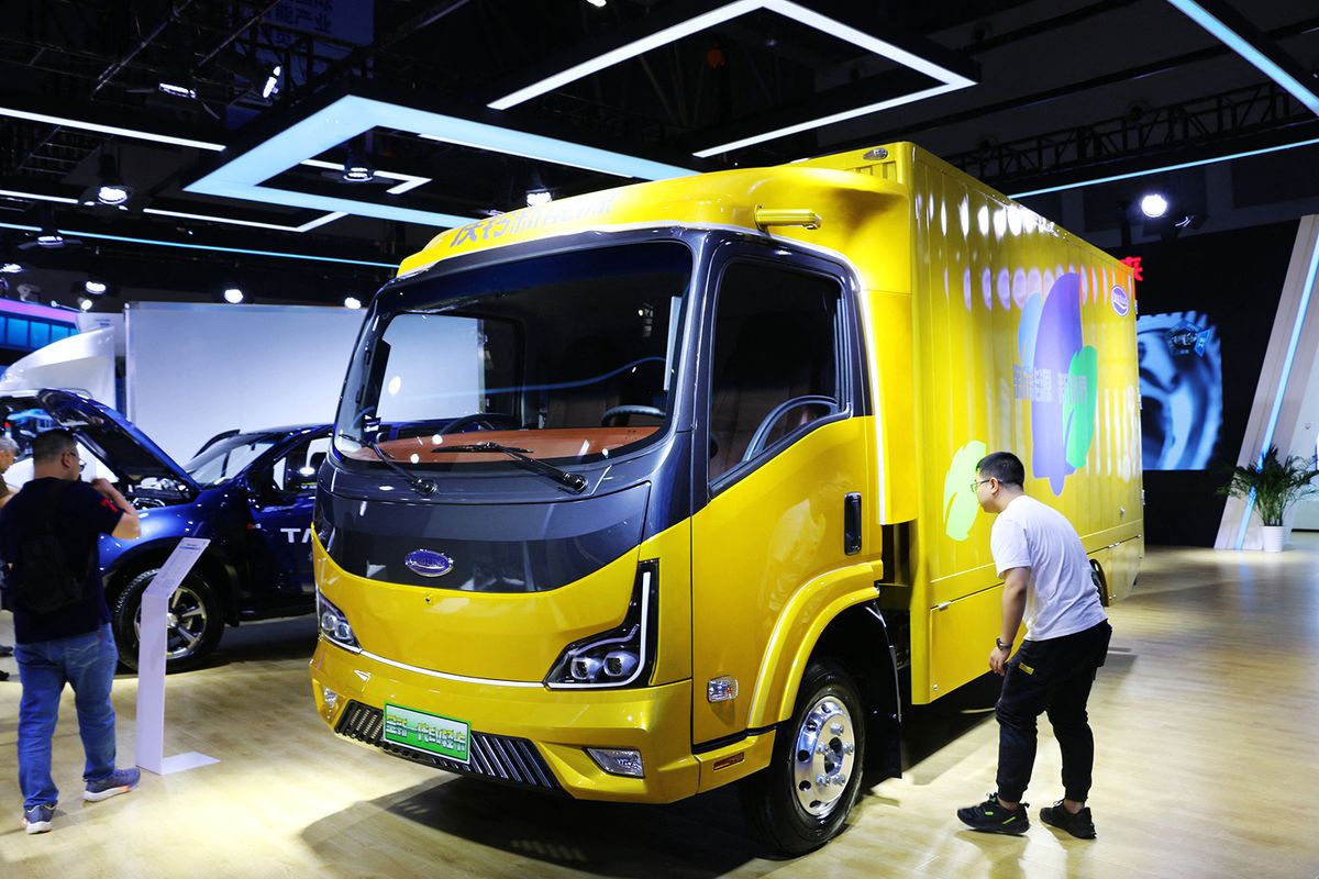 An EV light truck is displayed at the Qingling Auto Exhibition area at the 2023 SMART CHINA EXPO in Chongqing, China, September 5, 2023. (Photo by Costfoto/NurPhoto) (Photo by CFOTO / NurPhoto / NurPhoto via AFP)