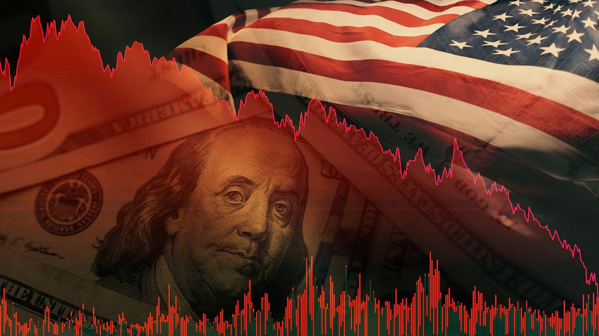 Stock,Market,Trading,Graph,In,Red,Color,Economy.,Usa,Flag