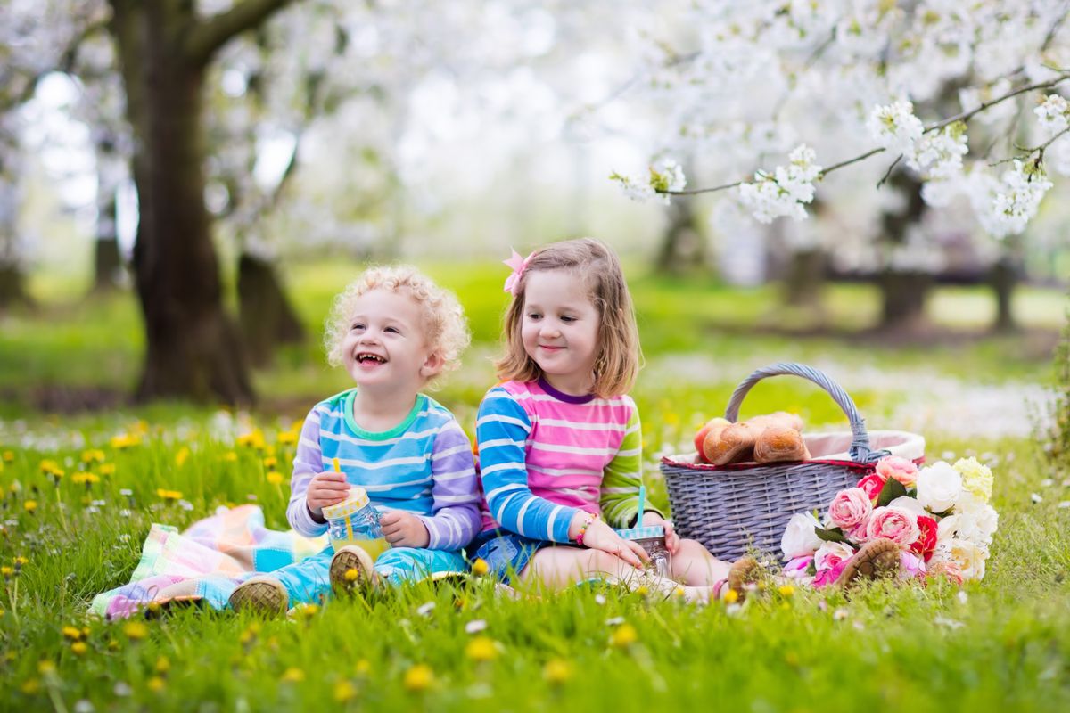 Little,Children,Eating,Lunch,Outdoors.,Kids,With,Picnic,Basket,In