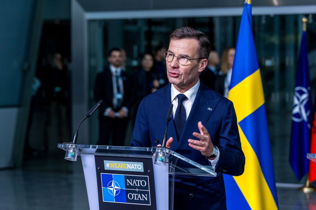 NATO Ceremony Marks Sweden's New Membership In Military AllianceBRUSSELS, BELGIUM - MARCH 11: Swedish Prime Minister Ulf Kristersson gives a press conference before the flag-raising ceremony to mark Sweden's accession to NATO at the NATO headquarters on March 11, 2024 in Brussels, Belgium. The ceremony was held to mark Sweden's accession to the military alliance, which was made official last week after the country shed its previously neutral stance. Sweden, like Finland, were spurred to join the alliance after Russia's invasion of Ukraine. (Photo by Omar Havana/Getty Images)