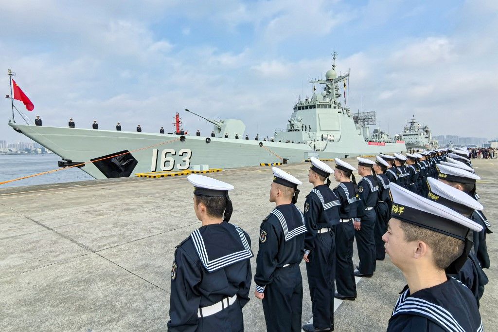 CHINA-GUANGDONG-ZHANJIANG-PLA NAVY-FLEET-ESCORT MISSION (CN)(240221) -- GUANGZHOU, Feb. 21, 2024 (Xinhua) -- The 46th fleet of the Chinese People's Liberation Army Navy sets sail from a military port in Zhanjiang, south China's Guangdong Province, Feb. 21, 2024. The 46th fleet of the Chinese People's Liberation Army (PLA) Navy on Wednesday set sail from a military port in the coastal city of Zhanjiang in south China's Guangdong Province to take over an escort mission from the 45th naval fleet in the Gulf of Aden and the waters off Somalia. (Photo by Yang Jie/Xinhua) (Photo by Yang Jie / XINHUA / Xinhua via AFP)