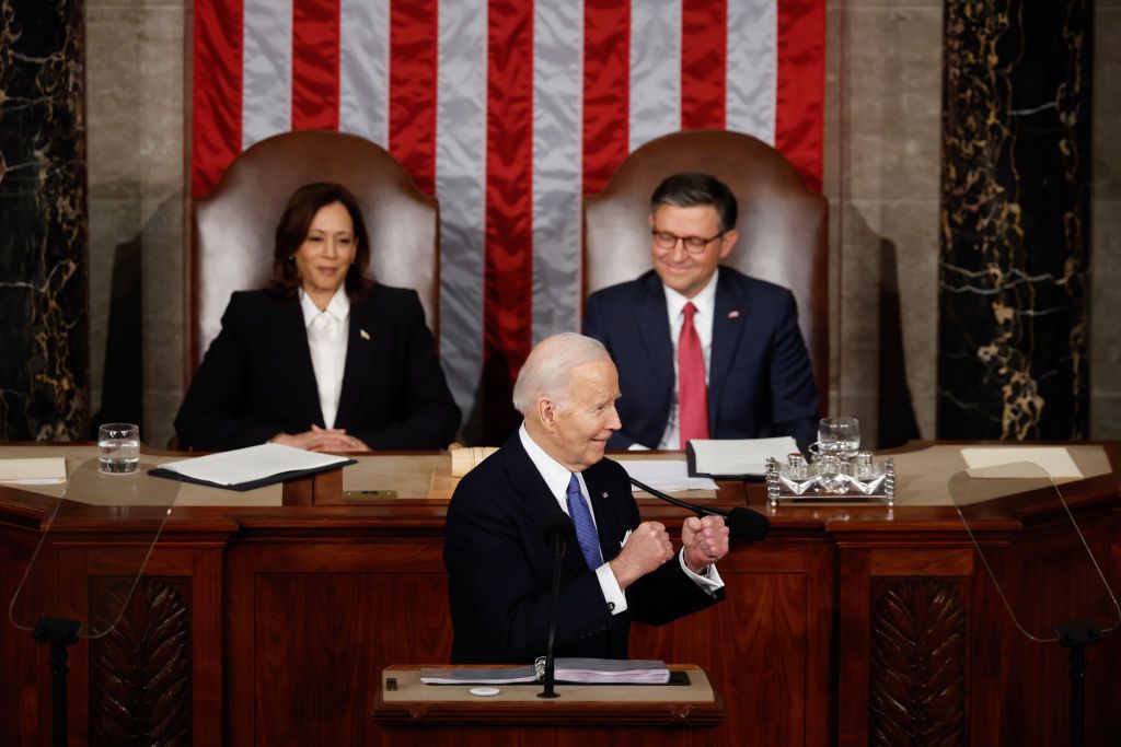 President Biden Delivers State Of The Union AddressWASHINGTON, DC - MARCH 07: U.S. President Joe Biden delivers the State of the Union address during a joint meeting of Congress in the House chamber at the U.S. Capitol on March 07, 2024 in Washington, DC. This is Biden’s last State of the Union address before the general election this coming November. Biden was joined by Vice President Kamala Harris and Speaker of the House Mike Johnson (R-LA). (Photo by Chip Somodevilla/Getty Images)