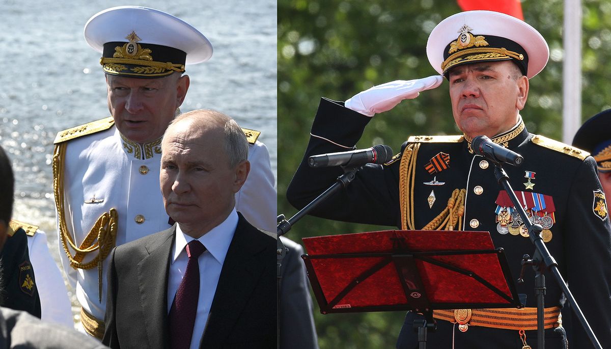RUSSIA-NAVY-DAYThis pool image distributed by Sputnik agency shows Russian President Vladimir Putin, accompanied by Commander-in-Chief of the Russian Navy, Admiral Nikolai Yevmenov, attending the Navy Day parade in Saint Petersburg on July 30, 2023. (Photo by Alexander KAZAKOV / POOL / AFP)
