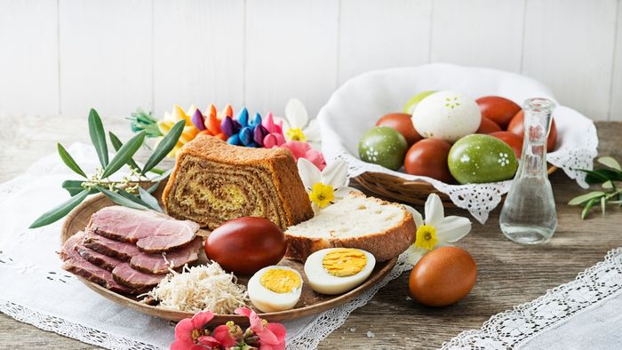 Easter,Traditional,Food,With,Ham,,Eggs,And,Bread.,Holidays,Background.