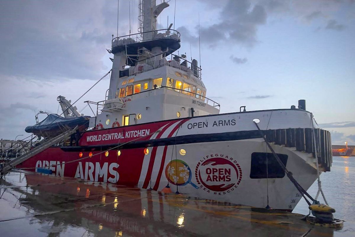 This handout picture released by the Spanish humanitarian NGO Proactiva Open Arms on March 9, 2024 shows the vessel, also called Open Arms, docked in the Cypriot port of Larnaca. A spokeswoman for Open Arms, a charity whose boat docked three weeks ago in the Cypriot port of Larnaca, said "everything will be ready to be able to set sail" later on March 9. The Spanish aid group has partnered with US charity World Central Kitchen to prepare the first aid delivery via the sea route that the EU Commission hopes will open this weekend. (Photo by PROACTIVA OPEN ARMS / AFP)