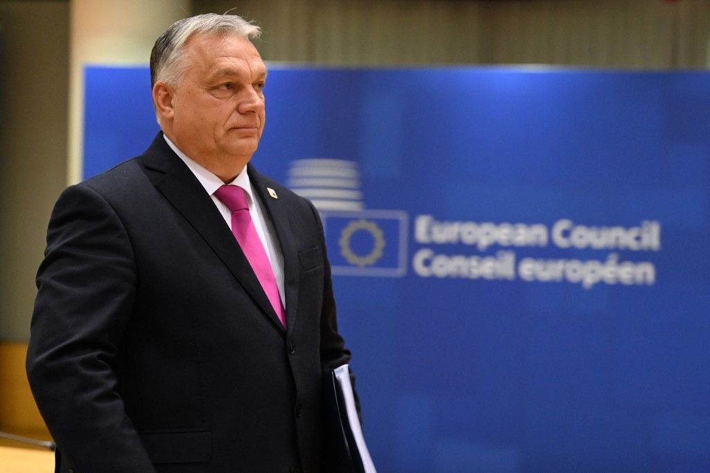 Hungary's Prime Minister Viktor Orban arrives for a roundtable meeting of the European Council at the European headquarters in Brussels, on December 14, 2023. EU leaders agreed on December 14, 2023, to open talks with Ukraine on joining the bloc, after Hungarian Prime Minister Viktor Orban ducked out of his threat to veto the plan. The EU's 27 leaders were focused at a crunch summit in Brussels on granting Kyiv a four-year 50-billion-euro ($55-billion) funding package and an agreement to launch formal EU talks for Ukraine on joining the bloc. (Photo by Miguel MEDINA / AFP)