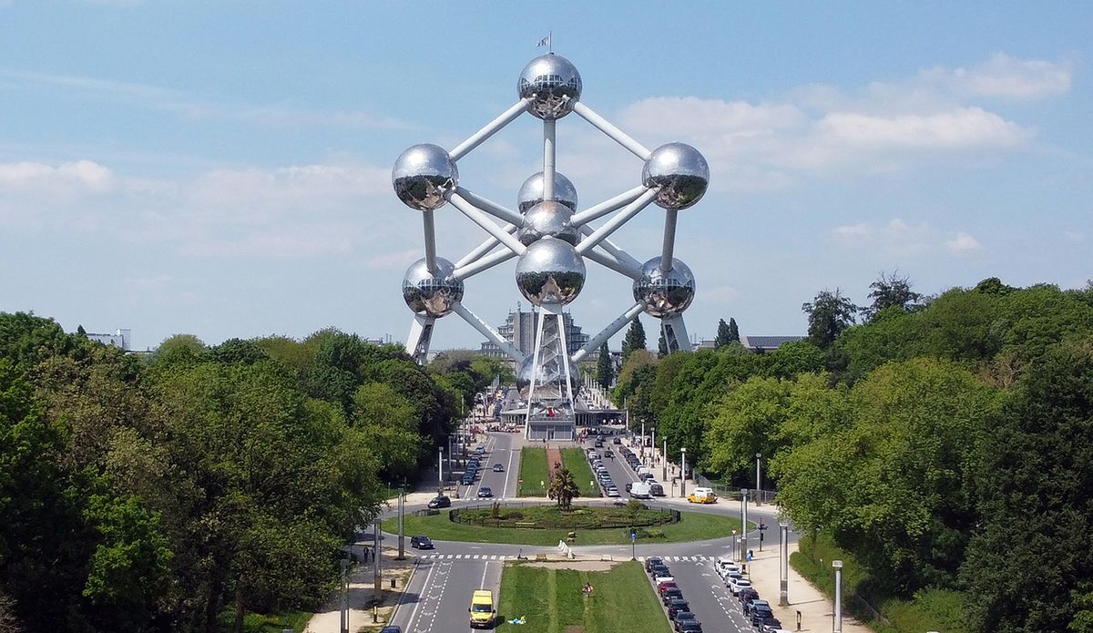 BRUSSELS, BELGIUM - MAY 19: An aerial view of Atomium, a 102-meter-high made up of nine spheres, built for the Expo 58 World Fair in 1958, in Brussels, Belgium on May 19, 2023. Brussels hosts meetings of the European Union and NATO and is known as the capital of the EU. Dursun Aydemir / Anadolu Agency (Photo by Dursun Aydemir / ANADOLU AGENCY / Anadolu via AFP)