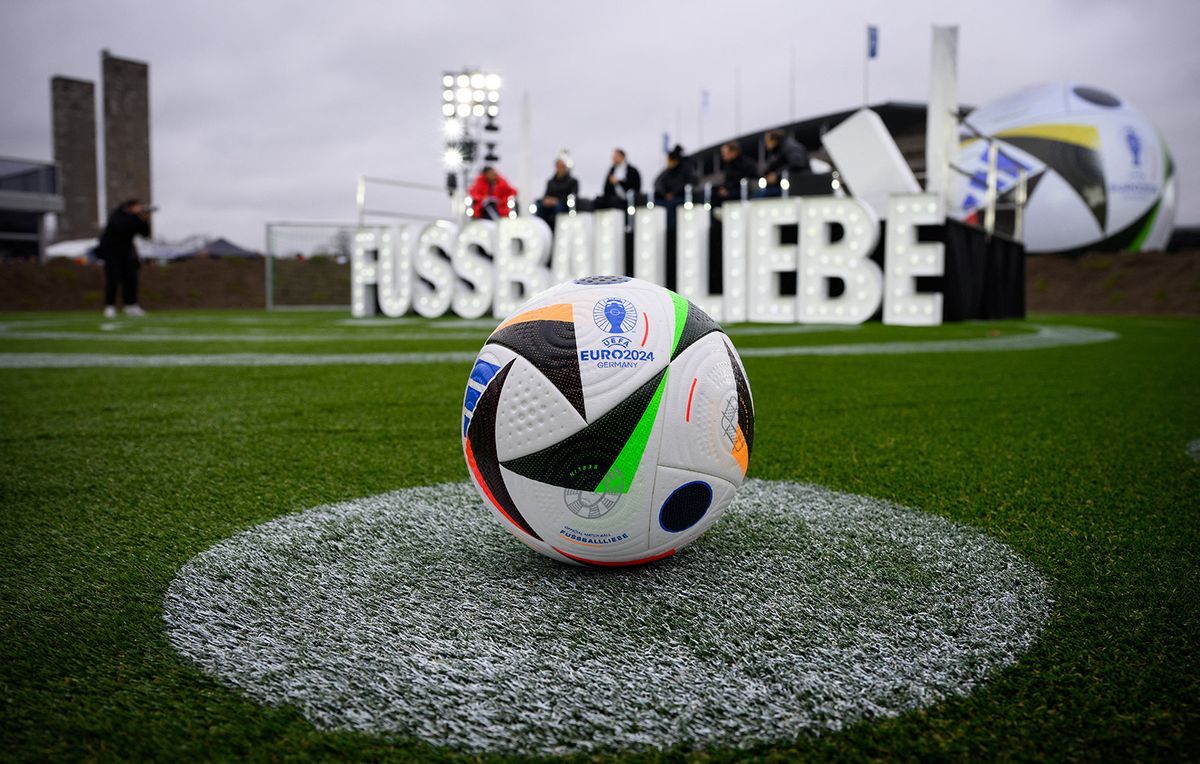 15 November 2023, Berlin: The new soccer is on the pitch at the Olympic Stadium during the presentation of the UEFA EURO 2024 match ball. The next European Football Championship (UEFA EURO 2024) will take place in Germany between 14.06.2024 and 14.07.2024. Photo: Bernd von Jutrczenka/dpa (Photo by BERND VON JUTRCZENKA / DPA / dpa Picture-Alliance via AFP)