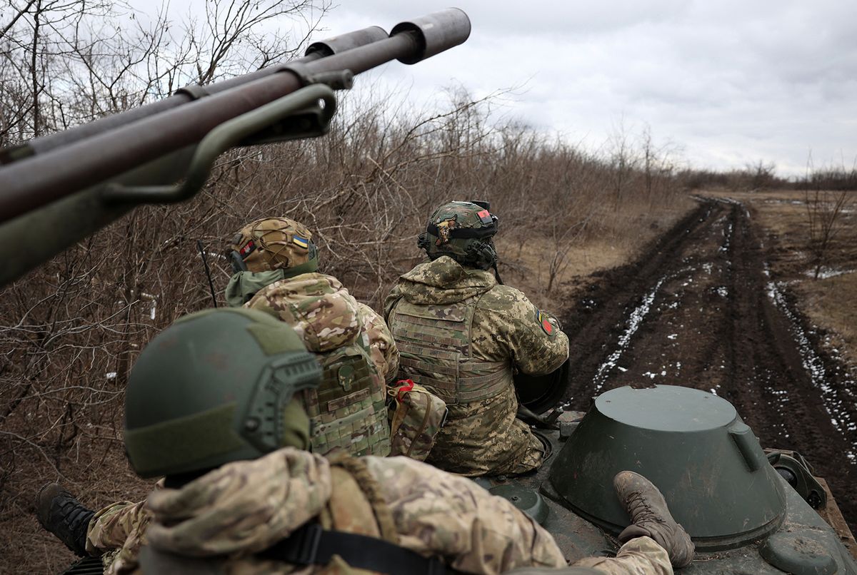 Ukrainian anti-aircraft gunners of the 93rd Separate Mechanized Brigade Kholodny Yar move to their position in the Bakhmut direction in the Donetsk region, amid the Russian invasion of Ukraine, on February 20, 2024. (Photo by Anatolii STEPANOV / AFP)