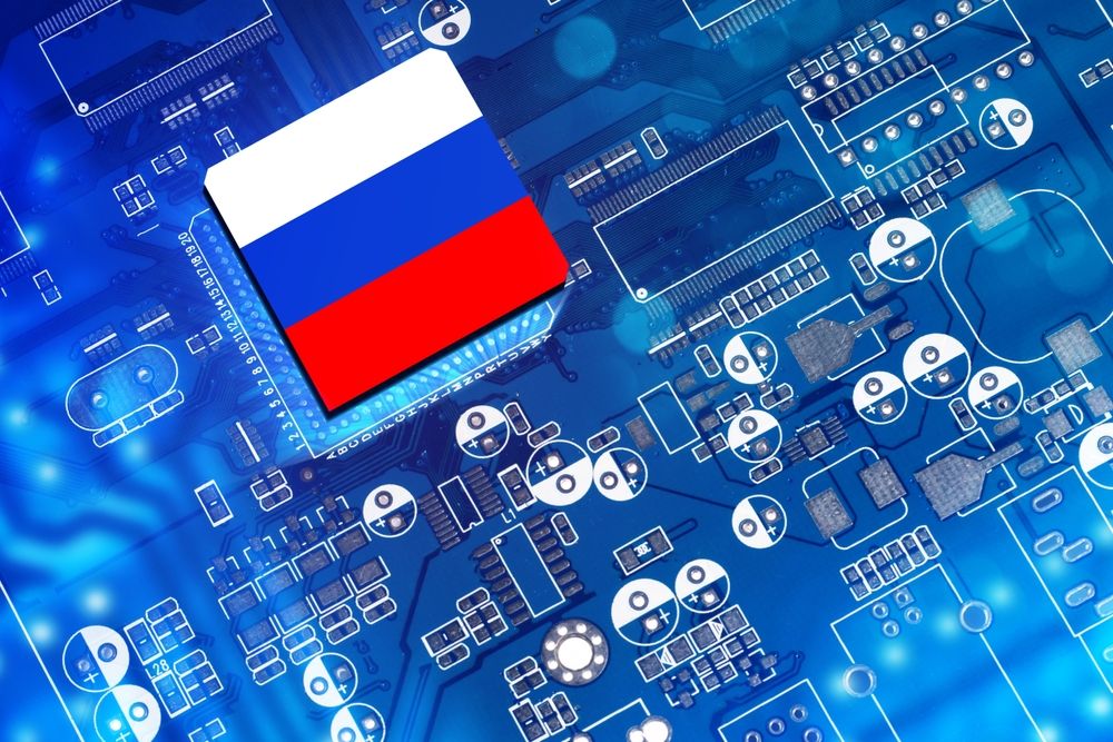 Digital,Board,With,Flag,Of,Russia.,Microprocessor,Manufactured,In,Russian