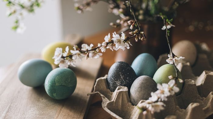 Happy,Easter!,Easter,Eggs,On,Rustic,Table,With,Cherry,Blossoms.