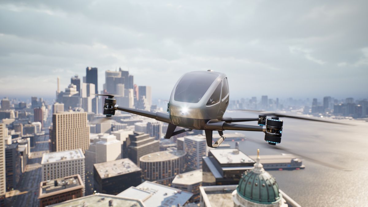 Autonomous,Driverless,Aerial,Vehicle,Fly,Across,City,,3d,Render