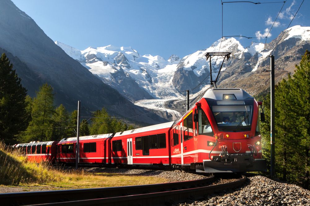 Switzerland,Train,In,Front,Of,Glacier,Morteratsch,Bernina