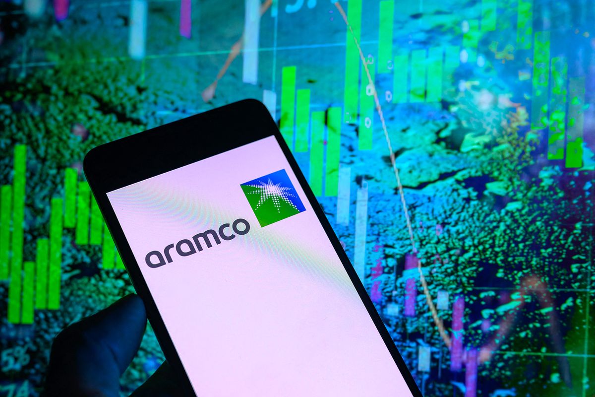 Oil Company's Logo - Photo Illustration
The Aramco logo is being displayed on a smartphone in this photo illustration taken in Brussels, Belgium, on January 13, 2024. (Photo Illustration by Jonathan Raa/NurPhoto) (Photo by Jonathan Raa / NurPhoto / NurPhoto via AFP)