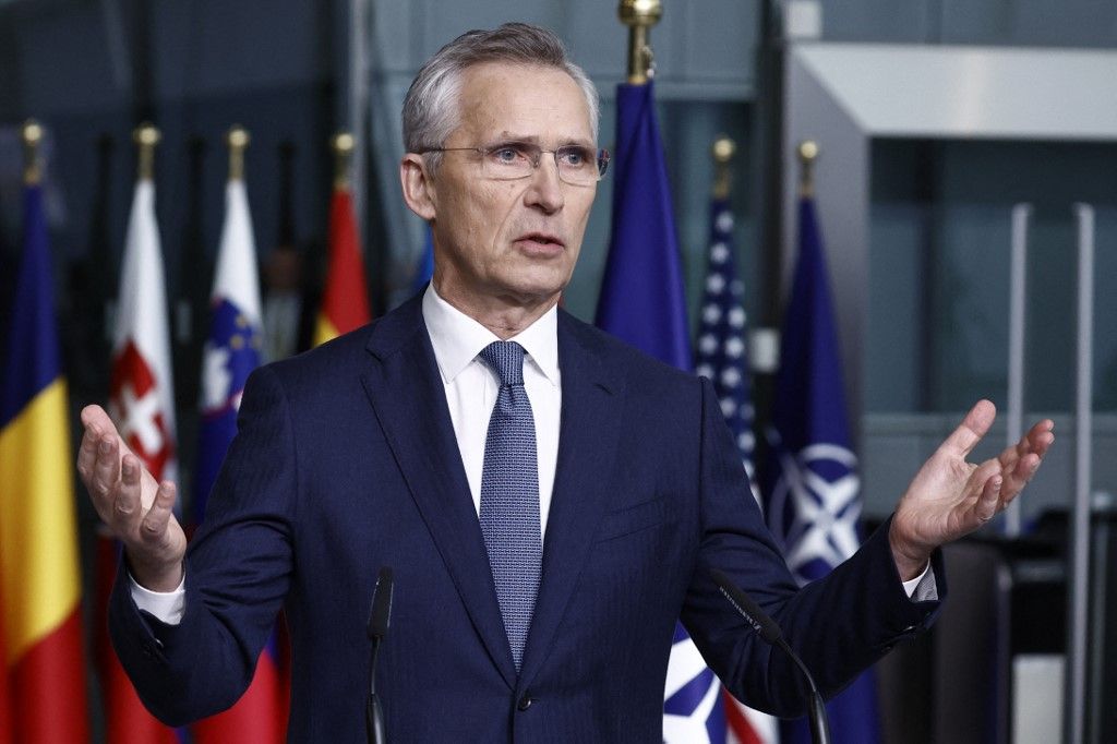 NATO Secretary General Jens Stoltenberg speaks during a joint press conference with Swedish Prime Minister Ulf Kristersson as Sweden formally joined the North Atlantic Treaty Organisation (NATO), at the North Atlantic Alliance headquarters in Brussels, on March 11, 2024. Sweden joins NATO at a time when fears of a possible conflict between the alliance and Russia have risen as Moscow's forces push back Ukraine two years into the war there.