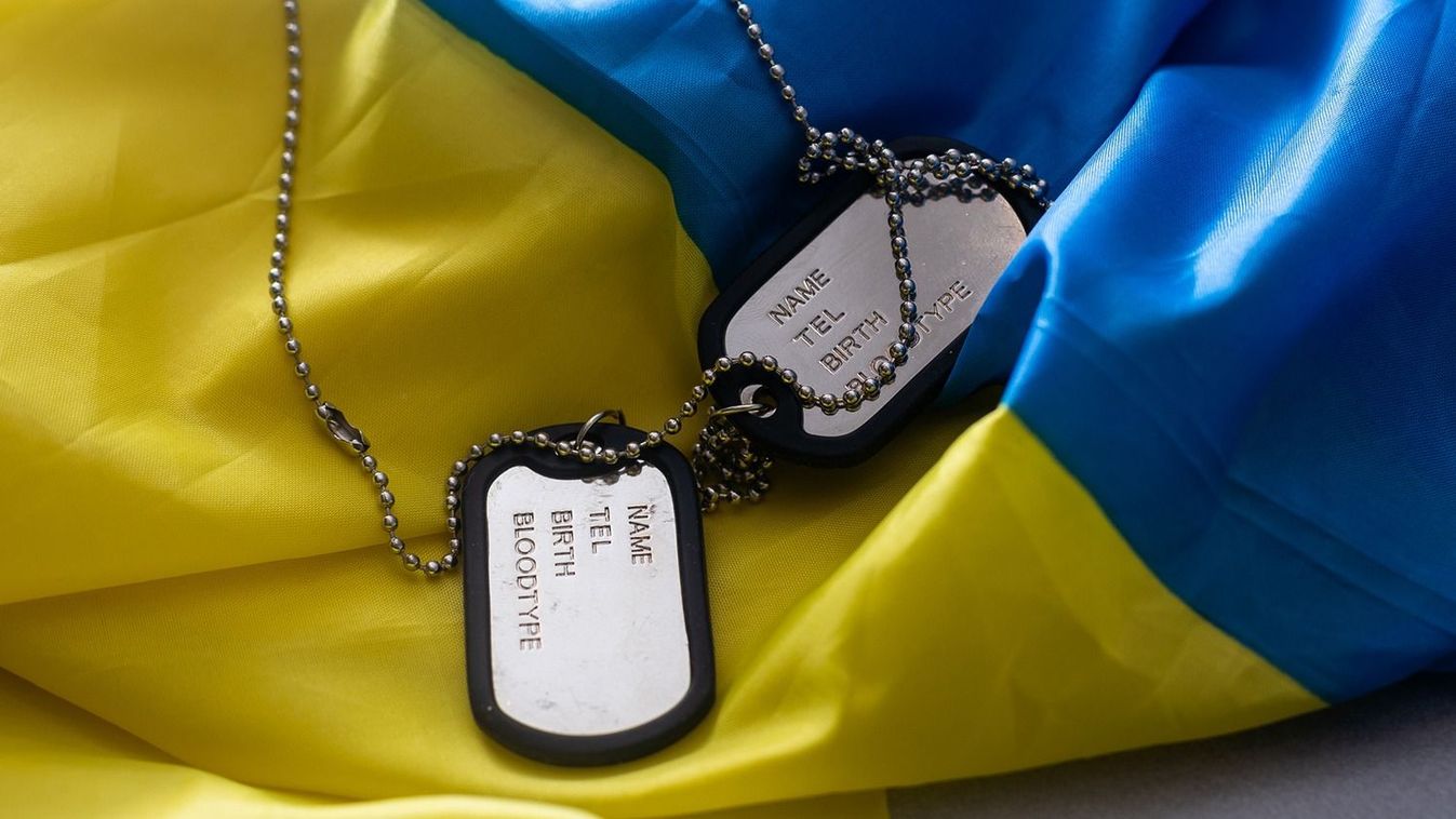 Military ID tag and Ukrainian flag on background.