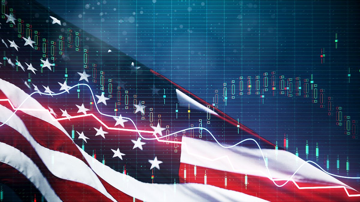 Creative,American,Flag,With,Forex,Chart,On,Blurry,Background.,Usa