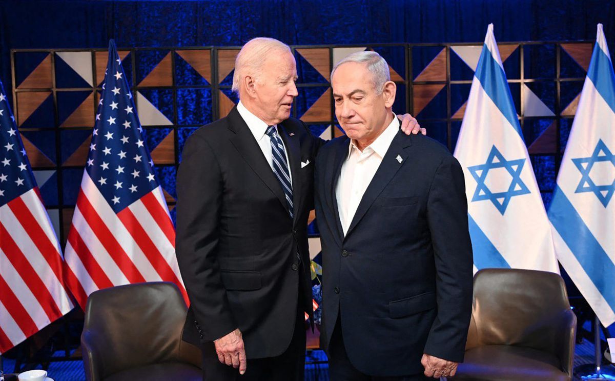 TEL AVIV, ISRAEL - OCTOBER 18: (----EDITORIAL USE ONLY - MANDATORY CREDIT - 'ISRAELI GOVERNMENT PRESS OFFICE (GPO) / HANDOUT' - NO MARKETING NO ADVERTISING CAMPAIGNS - DISTRIBUTED AS A SERVICE TO CLIENTS----) US President Joe Biden (L) and Prime Minister Benjamin Netanyahu (R) meet in Tel Aviv, Israel on October 18, 2023. GPO/ Handout / Anadolu (Photo by GPO/ Handout / ANADOLU / Anadolu via AFP)