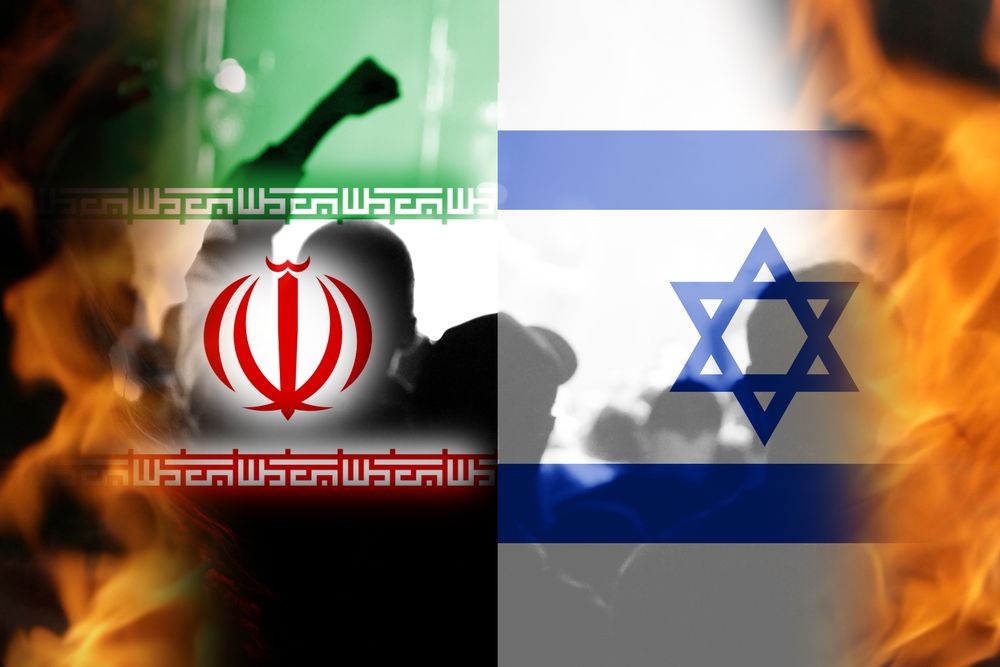 Defocus,Israel,Iran,National,Flags.,Protests,Man.,News,,Reportage,,Business