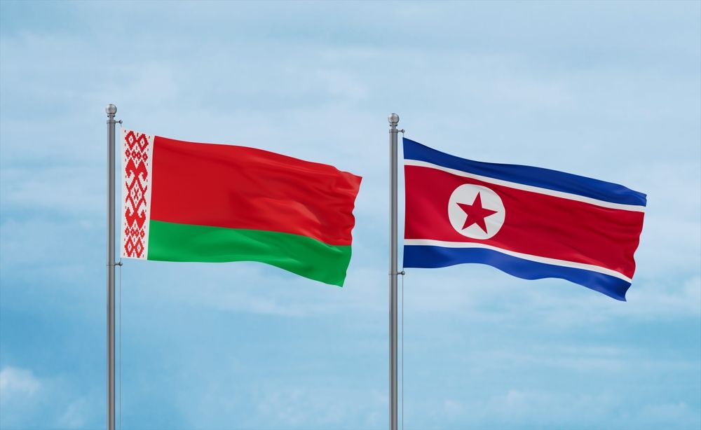 North,Korea,And,Belarus,Flags,Waving,Together,In,The,Wind, Észak-Korea, Fehéroroszország